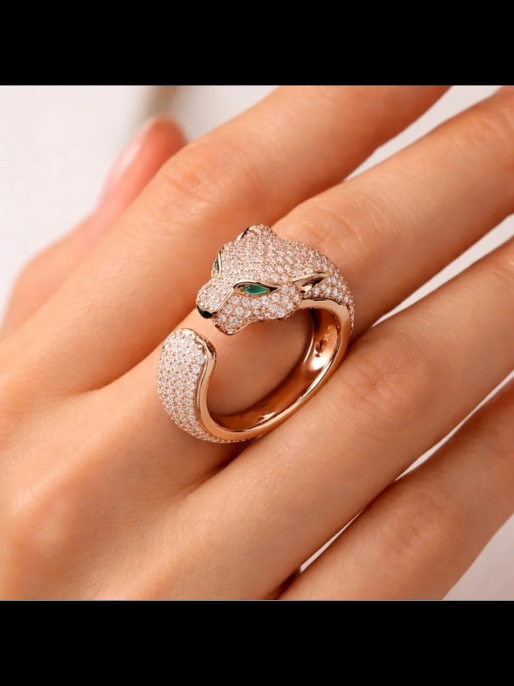 Vintage Rose Gold Panther Cuff Ring with Green Eyes - Women Jewelry - Picture 2 of 7